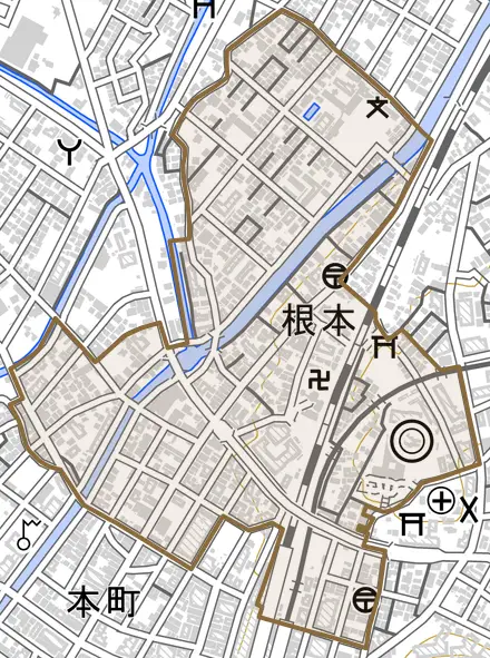 根本とその周辺の地図。町の範囲を重ねている