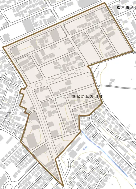 二十世紀が丘丸山町とその周辺の地図。町の範囲を重ねている