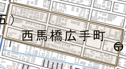 西馬橋広手町とその周辺の地図。町の範囲を重ねている