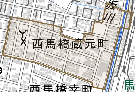 西馬橋蔵元町とその周辺の地図。町の範囲を重ねている