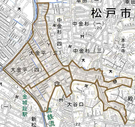 大金平とその周辺の地図。町の範囲を重ねている