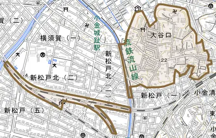 大谷口とその周辺の地図。町の範囲を重ねている