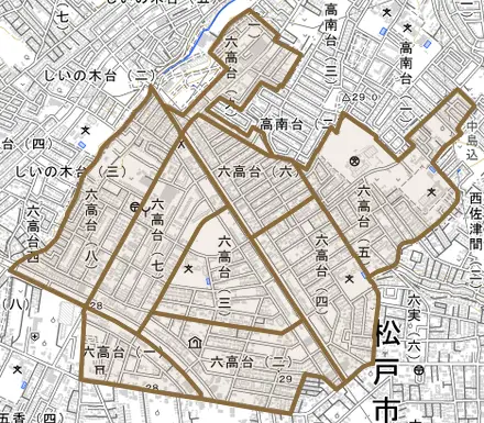 六高台とその周辺の地図。町の範囲を重ねている