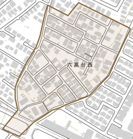 六高台西とその周辺の地図。町の範囲を重ねている