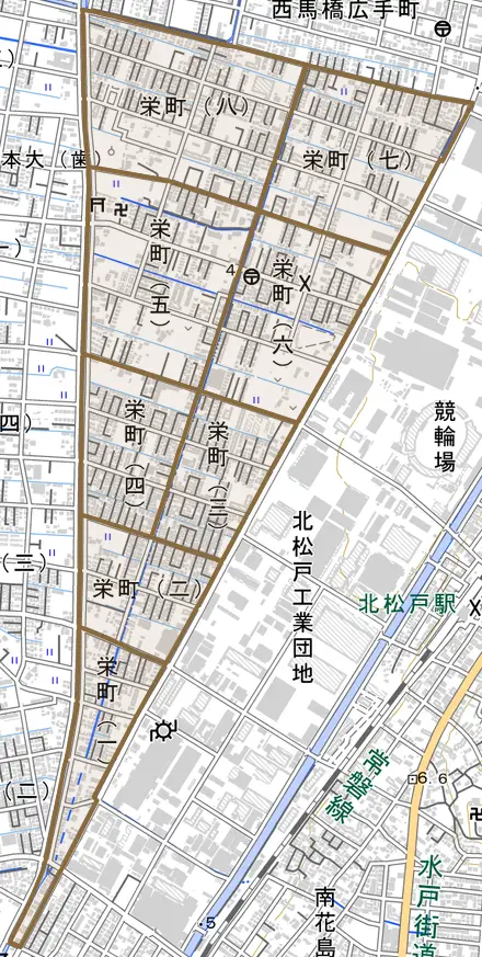 栄町とその周辺の地図。町の範囲を重ねている