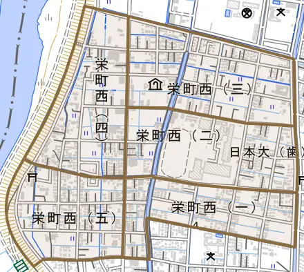 栄町西とその周辺の地図。町の範囲を重ねている