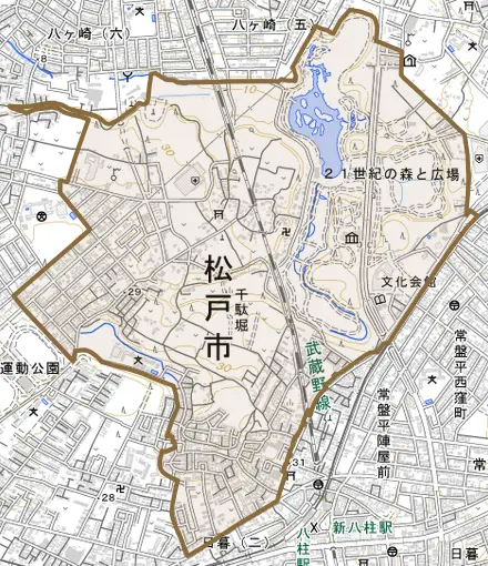 千駄堀とその周辺の地図。町の範囲を重ねている