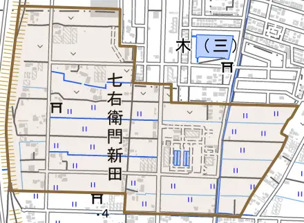 七右衛門新田とその周辺の地図。町の範囲を重ねている