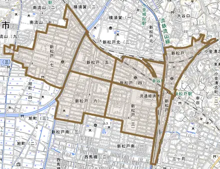 新松戸とその周辺の地図。町の範囲を重ねている