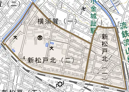 新松戸北とその周辺の地図。町の範囲を重ねている