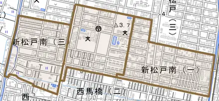 新松戸南とその周辺の地図。町の範囲を重ねている