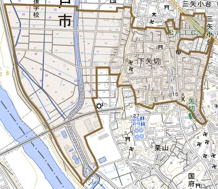 下矢切とその周辺の地図。町の範囲を重ねている
