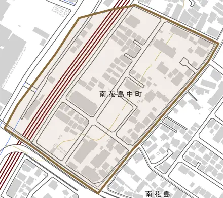 南花島中町とその周辺の地図。町の範囲を重ねている