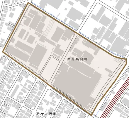 南花島向町とその周辺の地図。町の範囲を重ねている