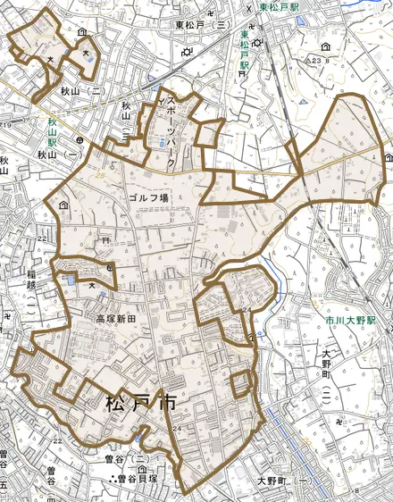 高塚新田とその周辺の地図。町の範囲を重ねている