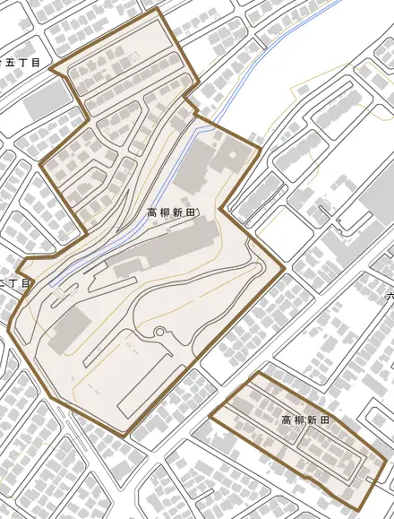 高柳新田とその周辺の地図。町の範囲を重ねている