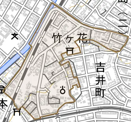 竹ケ花とその周辺の地図。町の範囲を重ねている