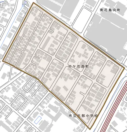 竹ケ花西町とその周辺の地図。町の範囲を重ねている