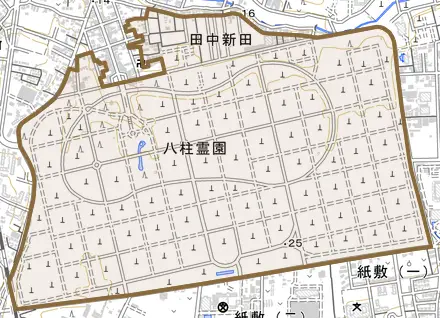 田中新田とその周辺の地図。町の範囲を重ねている