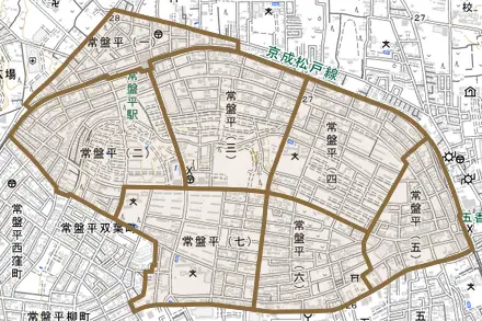 常盤平とその周辺の地図。町の範囲を重ねている