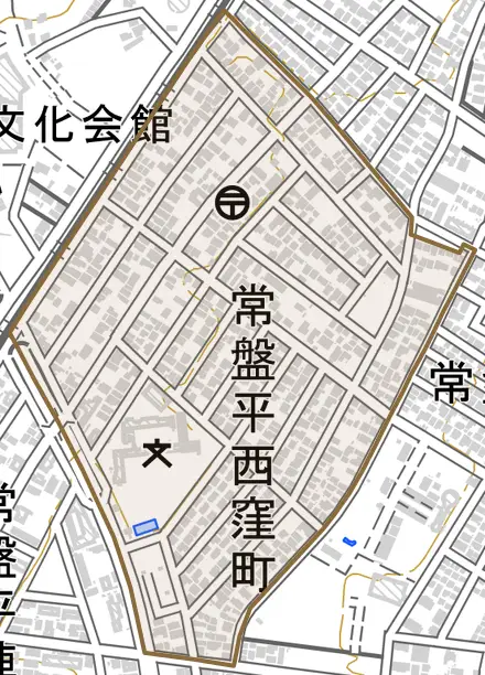 常盤平西窪町とその周辺の地図。町の範囲を重ねている