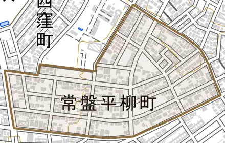 常盤平柳町とその周辺の地図。町の範囲を重ねている