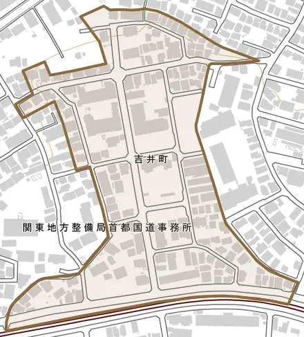 吉井町とその周辺の地図。町の範囲を重ねている