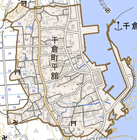 千倉町平舘とその周辺の地図。町の範囲を重ねている