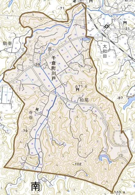 千倉町川戸とその周辺の地図。町の範囲を重ねている