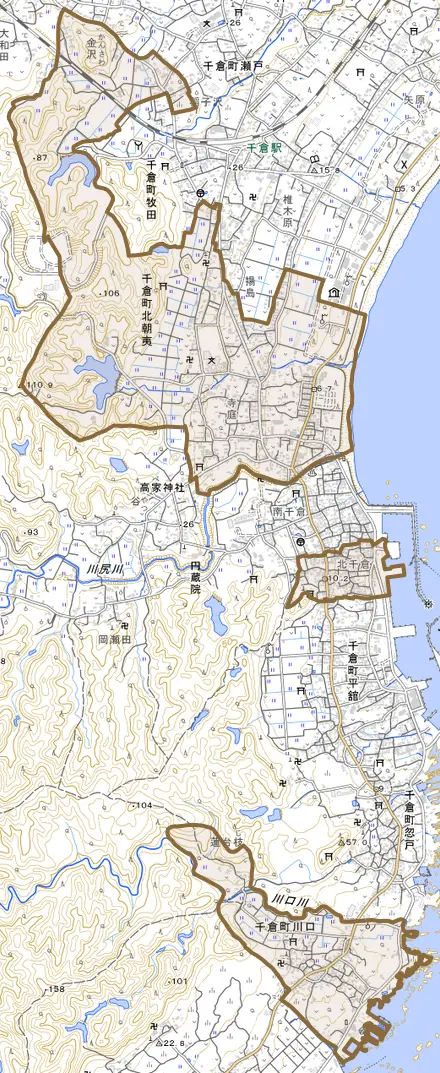 千倉町北朝夷とその周辺の地図。町の範囲を重ねている