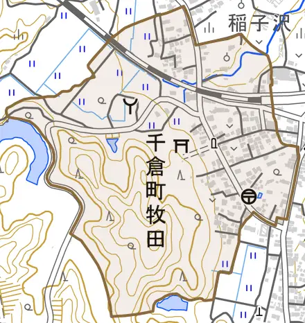 千倉町牧田とその周辺の地図。町の範囲を重ねている