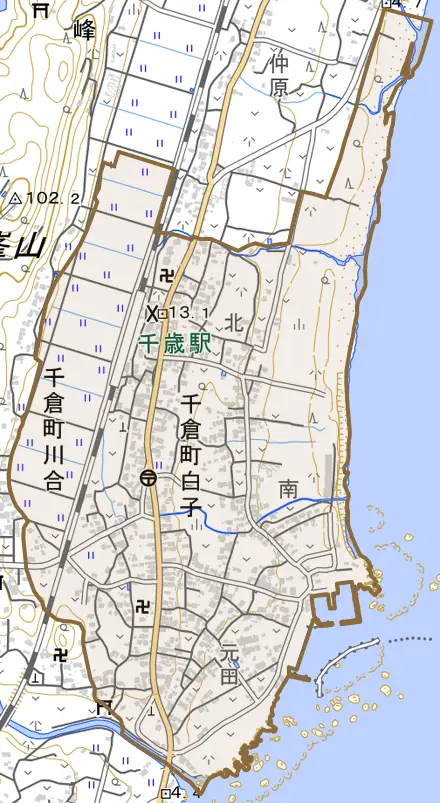 千倉町白子とその周辺の地図。町の範囲を重ねている