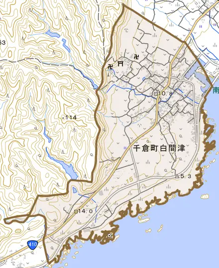 千倉町白間津とその周辺の地図。町の範囲を重ねている