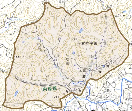 千倉町宇田とその周辺の地図。町の範囲を重ねている