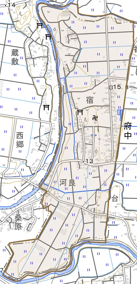 府中とその周辺の地図。町の範囲を重ねている