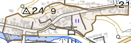 古川とその周辺の地図。町の範囲を重ねている