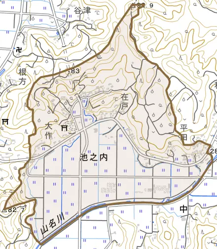 池之内とその周辺の地図。町の範囲を重ねている