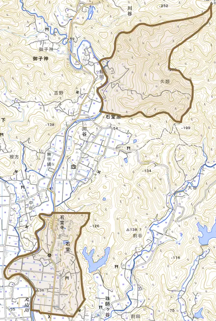 石堂とその周辺の地図。町の範囲を重ねている