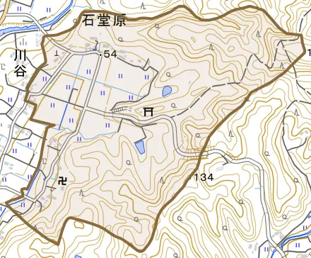 石堂原とその周辺の地図。町の範囲を重ねている