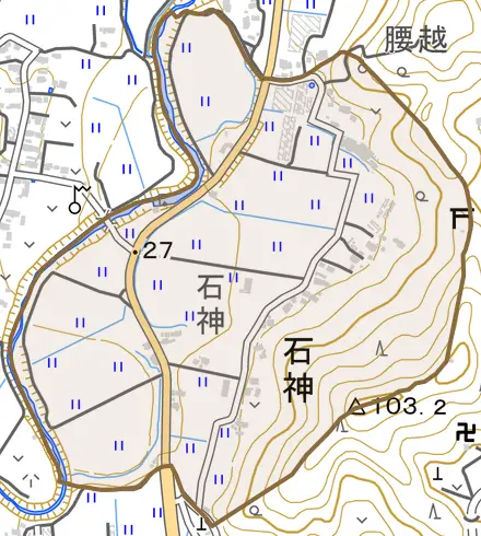 石神とその周辺の地図。町の範囲を重ねている