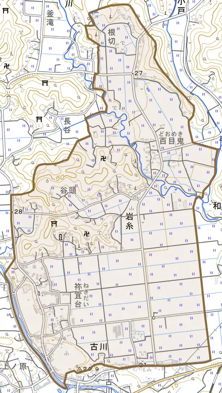 岩糸とその周辺の地図。町の範囲を重ねている