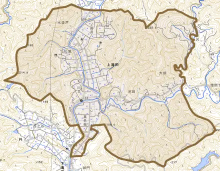 上滝田とその周辺の地図。町の範囲を重ねている