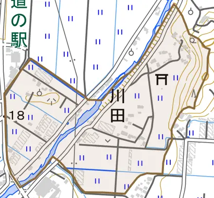 川田とその周辺の地図。町の範囲を重ねている
