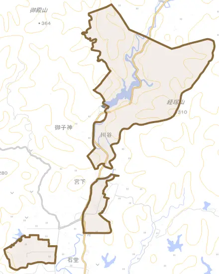 川谷とその周辺の地図。町の範囲を重ねている