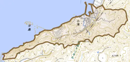 小浦とその周辺の地図。町の範囲を重ねている