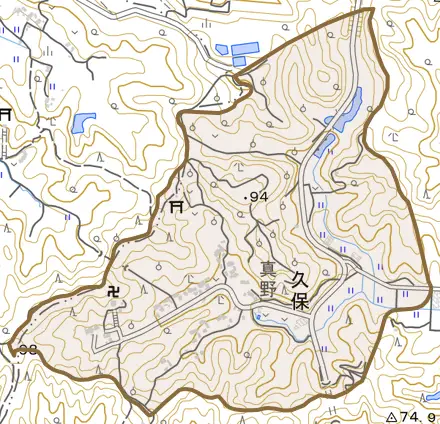 久保とその周辺の地図。町の範囲を重ねている