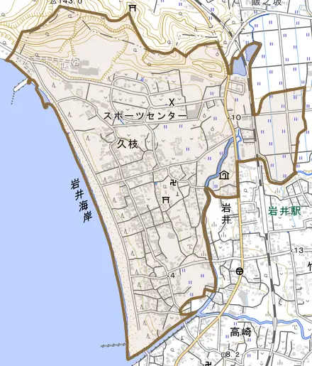 久枝とその周辺の地図。町の範囲を重ねている