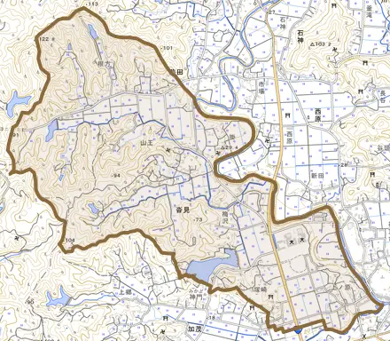 沓見とその周辺の地図。町の範囲を重ねている