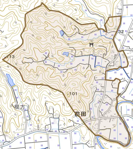 前田とその周辺の地図。町の範囲を重ねている