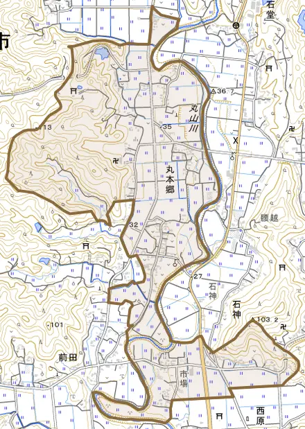 丸本郷とその周辺の地図。町の範囲を重ねている